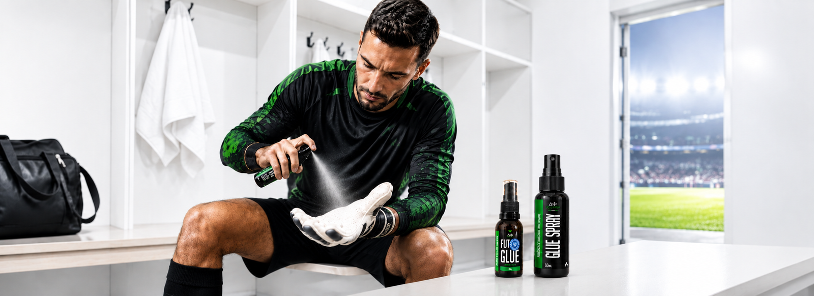 Atleta preparando as luvas com produtos Desfibrila